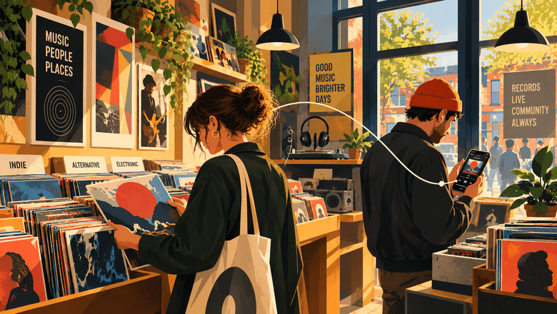 Warmly lit independent record shop with customers browsing vinyl records and exploring music on a smartphone, illustrated in a cinematic style.
